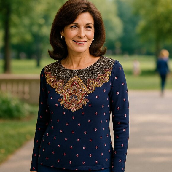 Talbots Sweaters - Talbots Petite Small Moroccan Paisley Print Long Sleeve Top Blue Gold Cotton